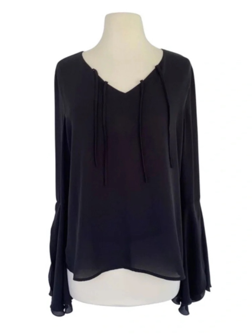 (13) Carmen Marc Valvo V Neck Split Bell Sleeve Blouse Black Medium - Picture 4 of 11
